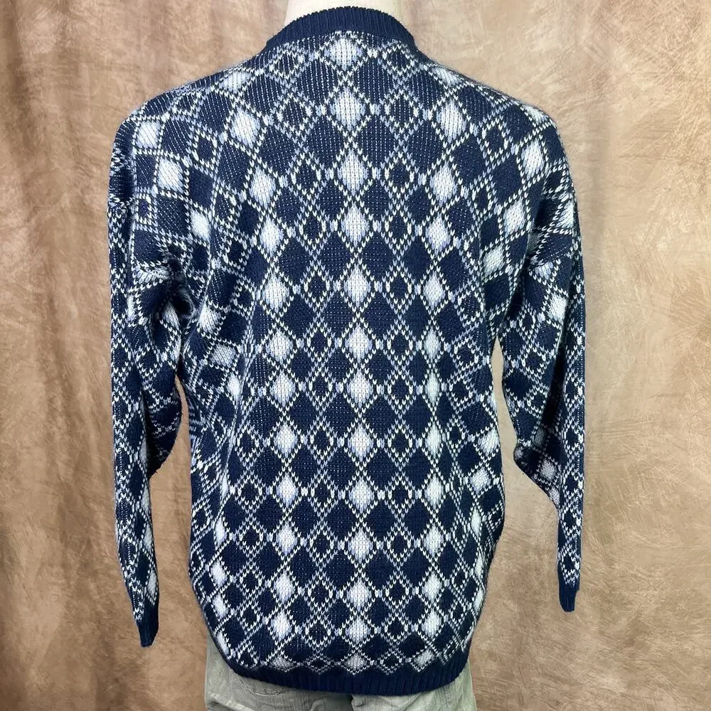Vintage Geometric Sweater 80s Argyle Diamond Knit Blue White Eclectic Grandpa